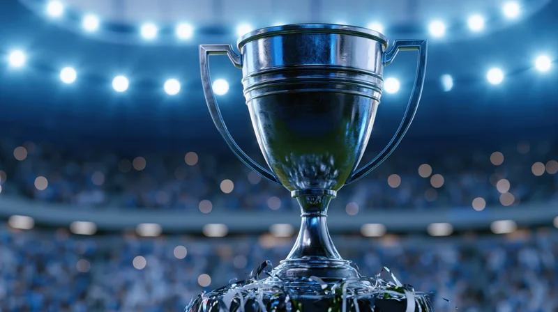 Silver football trophy with two handles on a confetti-covered base in a stadium with bright lights and blurred crowd