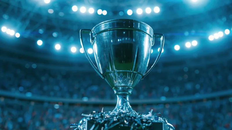 Large silver football trophy with two handles on a pedestal in a stadium under bright lights with confetti and crowd in background