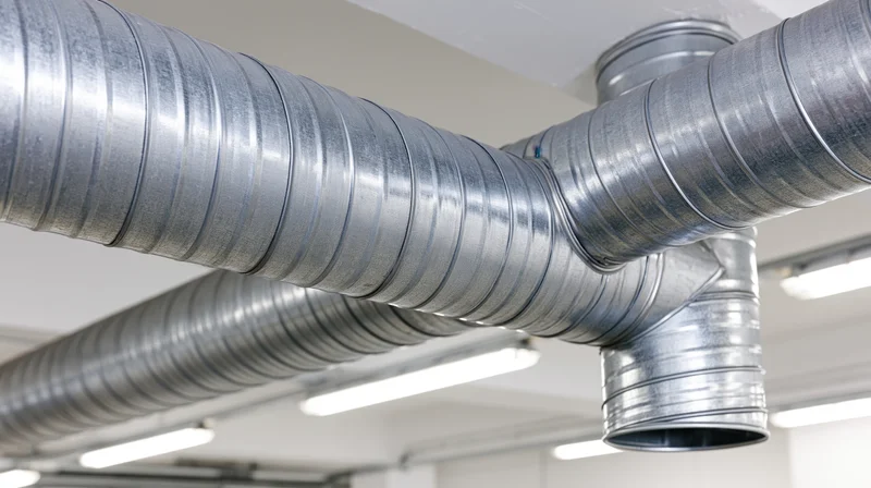 Large spiral galvanized steel hvac ductwork running horizontally across ceiling in industrial building interior
