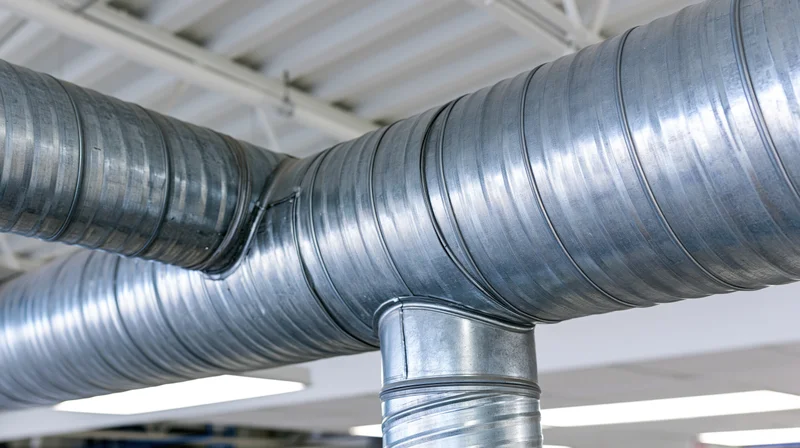 Large spiral galvanized steel hvac ductwork running horizontally under ceiling in industrial building