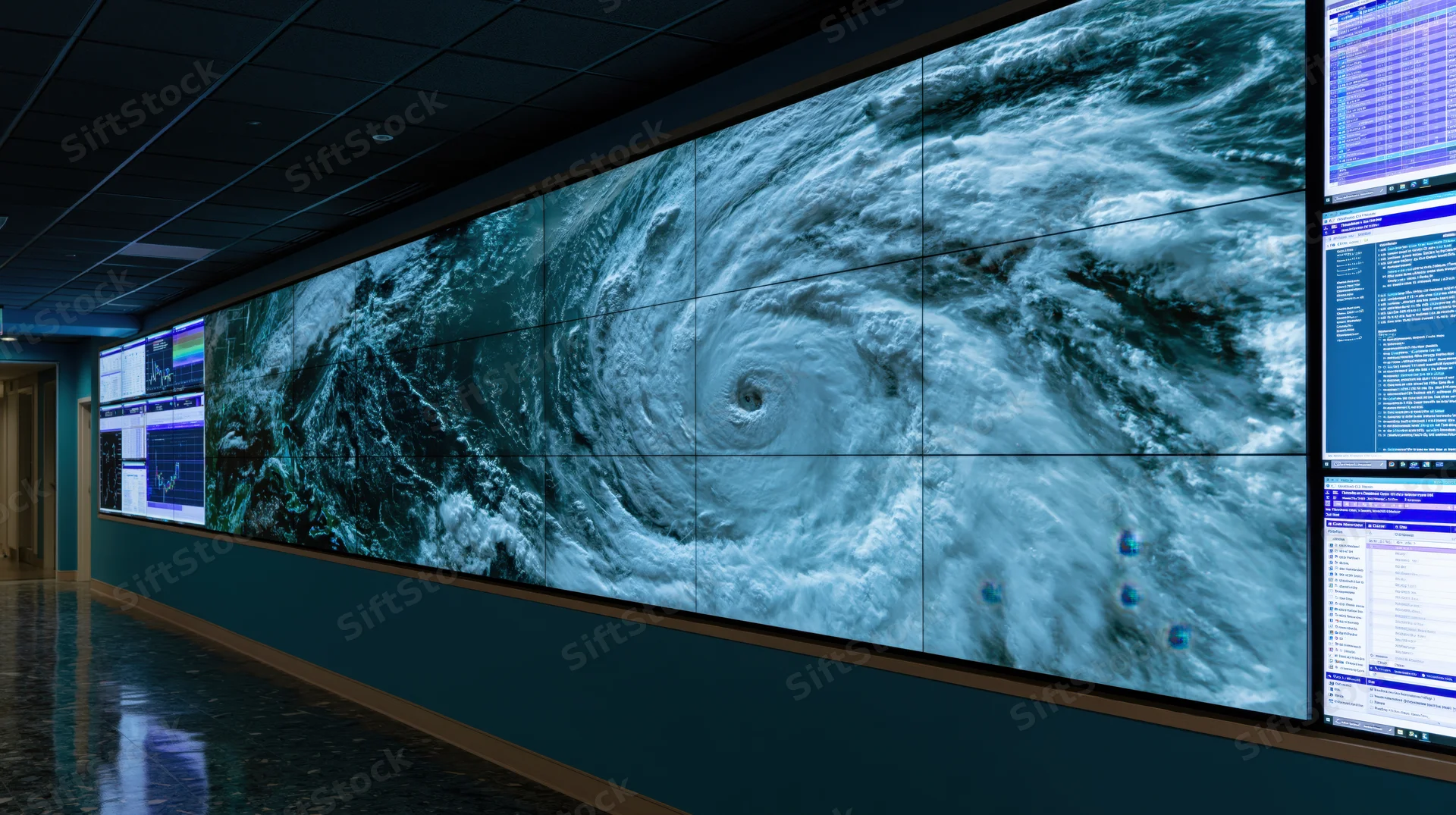 Large video wall in dark operations center displaying satellite image of hurricane