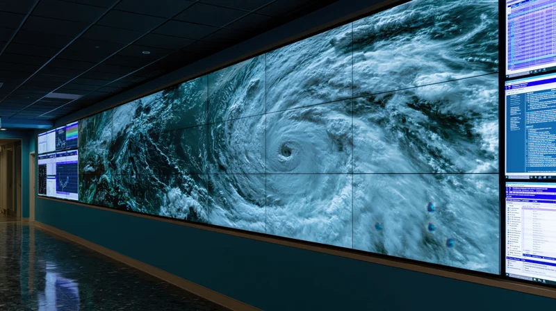 Large video wall in dark operations center displaying satellite image of hurricane