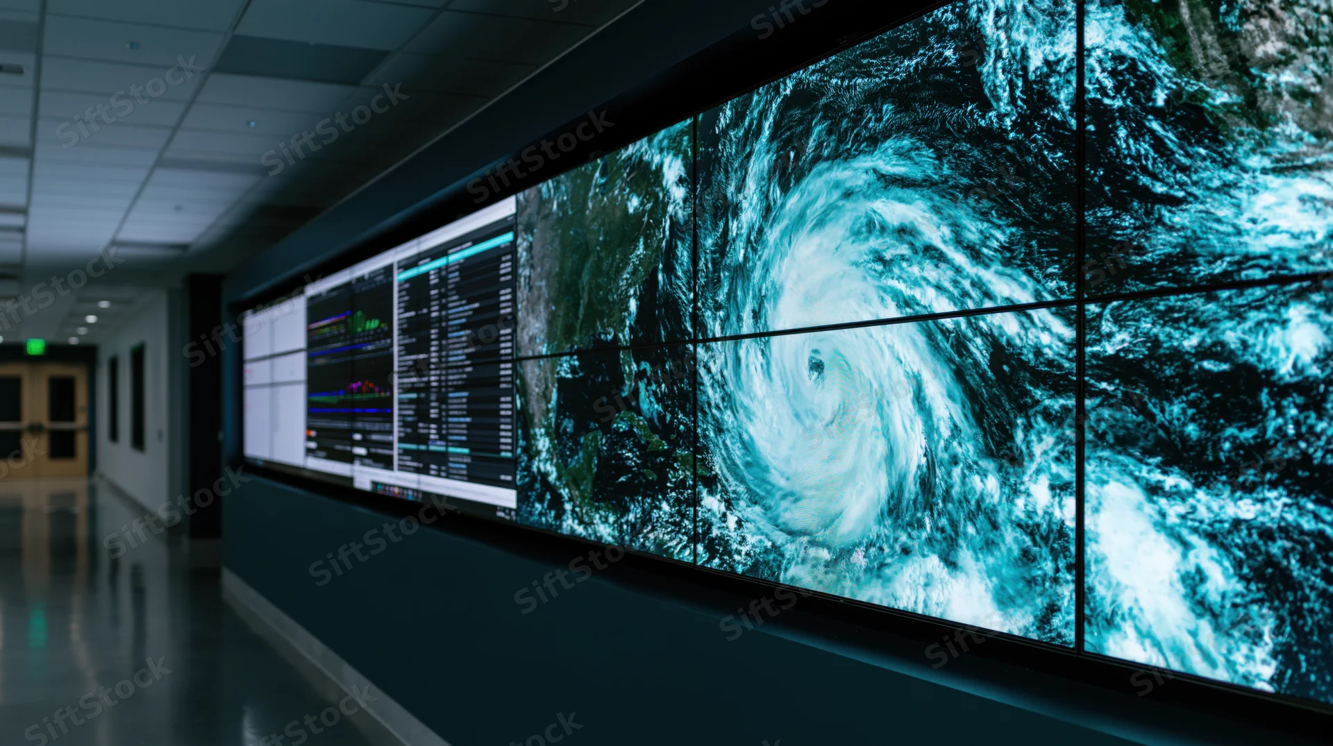 Large tiled video wall displaying satellite imagery of a hurricane in a dark operations center