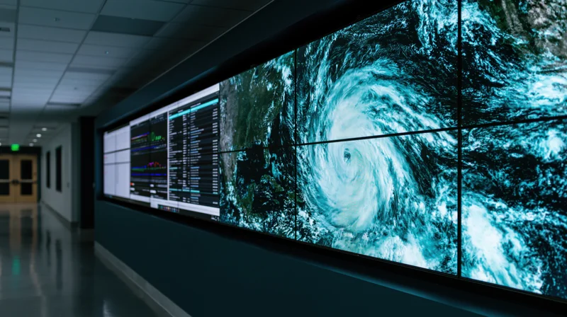 Large tiled video wall displaying satellite imagery of a hurricane in a dark operations center
