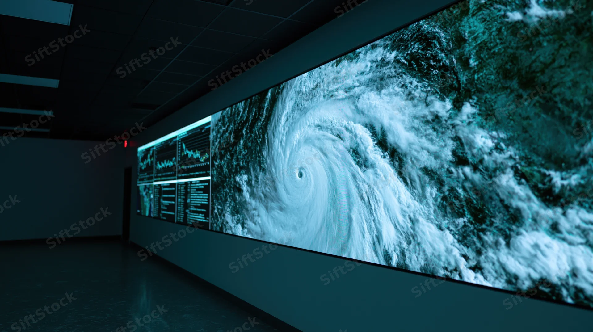 Satellite view of a hurricane displayed on a large video wall in a dark operations center
