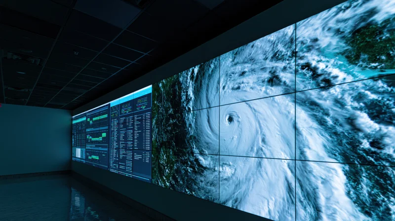 Satellite view of hurricane displayed on large video wall in dark operations center