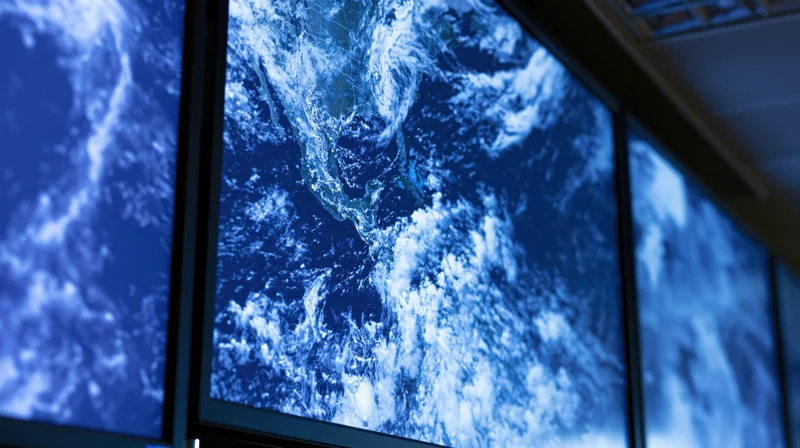 Wall-mounted display screens showing satellite imagery of earth in an operations control room