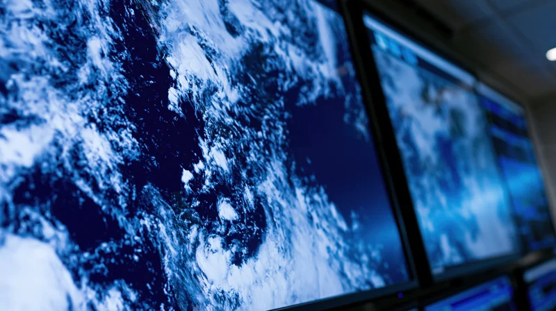 Large wall-mounted display screens showing satellite weather imagery in an operations control room