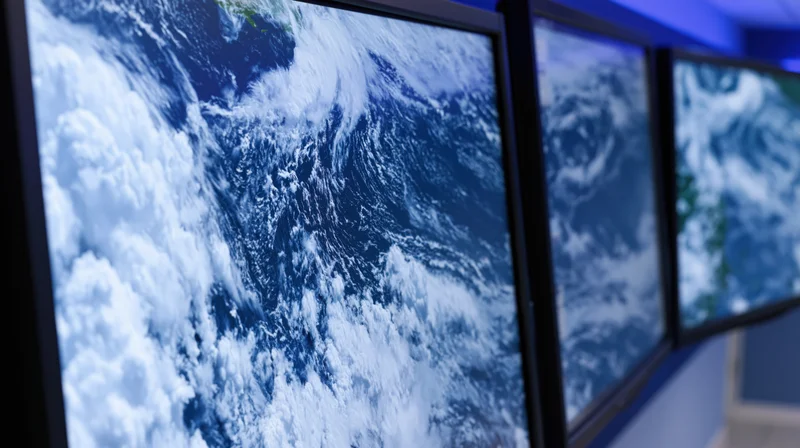 Wall-mounted display screens showing satellite imagery of earth with clouds and storms in an operations control room