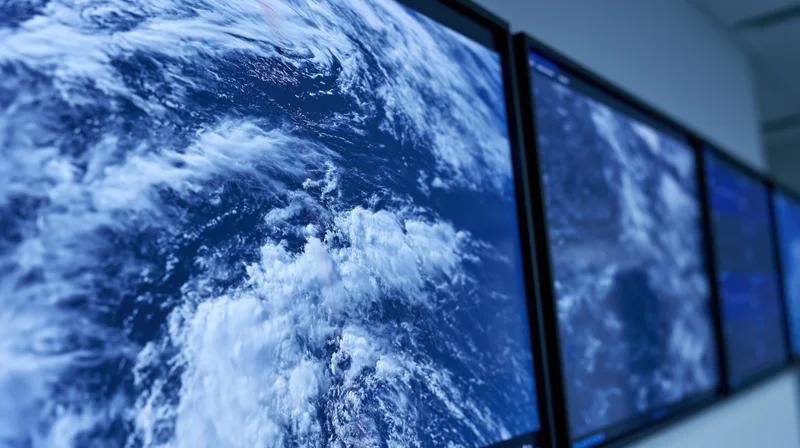 Wall-mounted display screens showing satellite view of earth's ocean waves in an operations control room