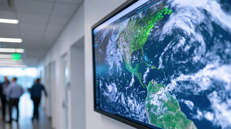 Large wall-mounted display showing digital globe map of earth with weather patterns in office hallway