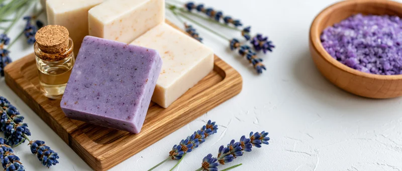 Handmade lavender soap bars arranged on a wooden tray with fresh flowers and essential oil, flat lay on white surface