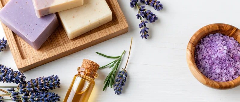 Lavender soap bars and essential oil arranged on wooden tray with flowers and bath salt on white surface