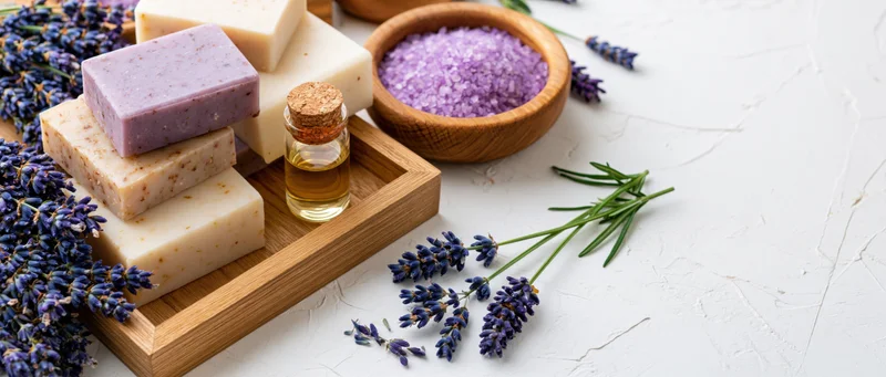 Handmade lavender soap bars and essential oil on wooden tray with fresh lavender flowers and bath salts on white textured surface