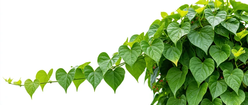Heart-shaped green leaves of a vine extending horizontally across a white background