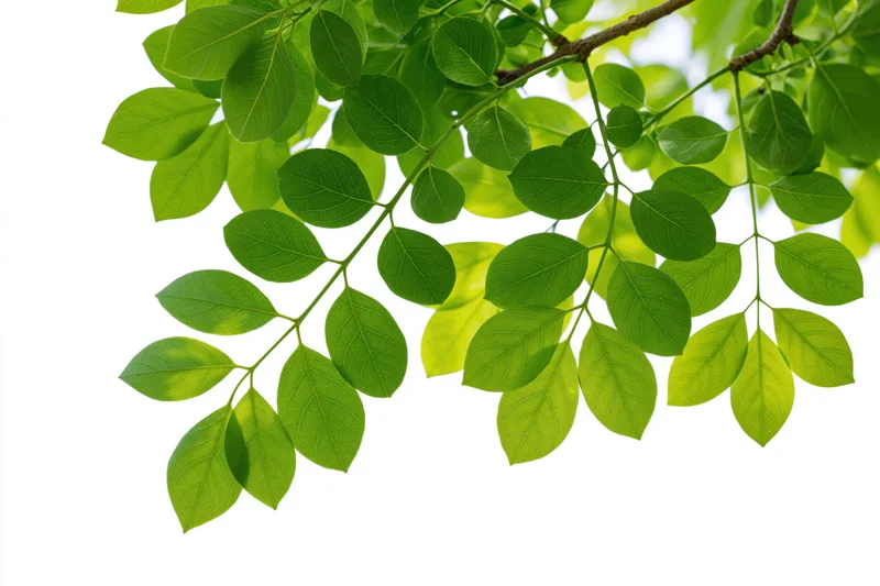 Green leaves on a tree branch extending diagonally against white background