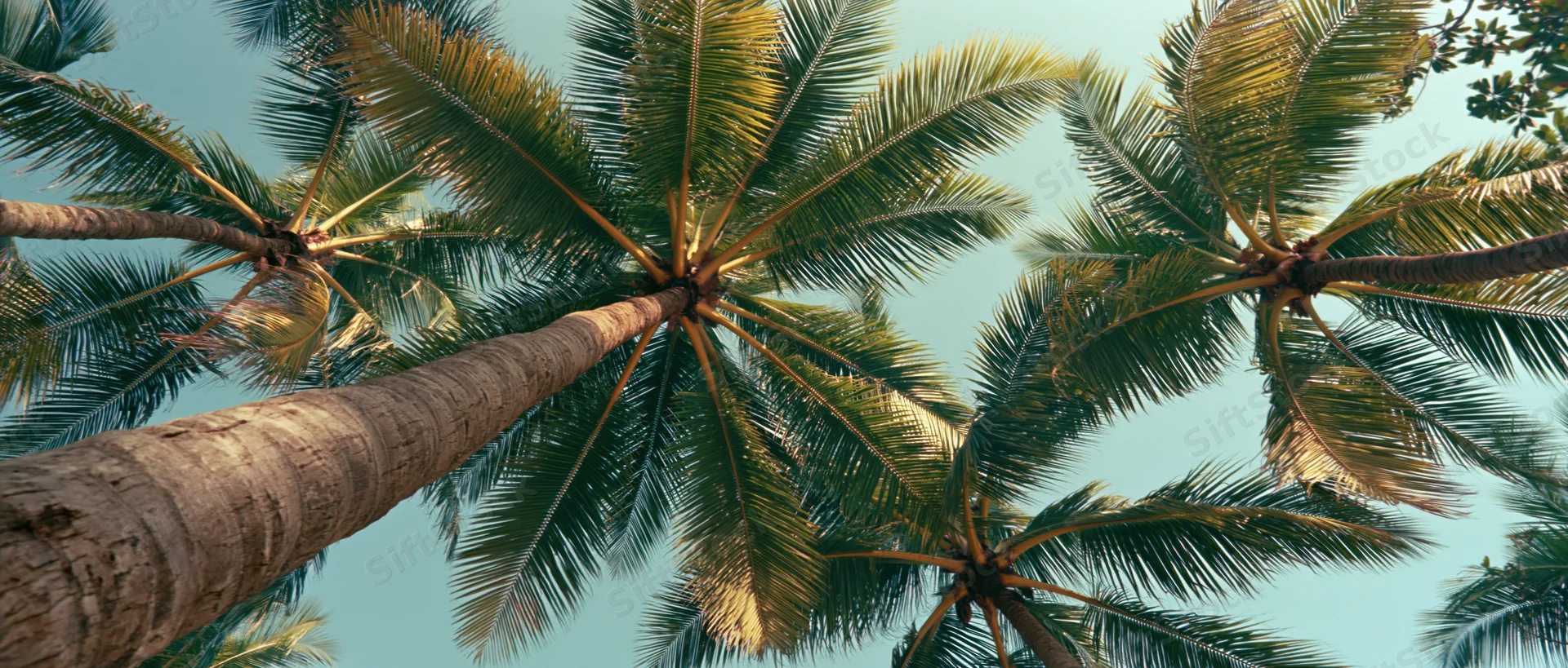 Upward view through palm tree canopy against blue sky