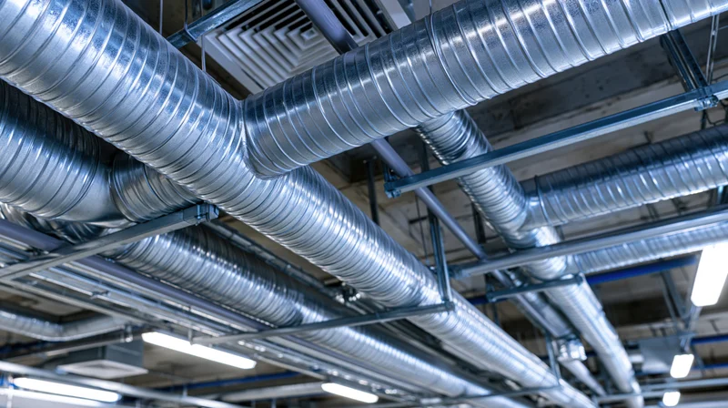 Exposed hvac ductwork running across an industrial ceiling with metal pipes and fluorescent lights