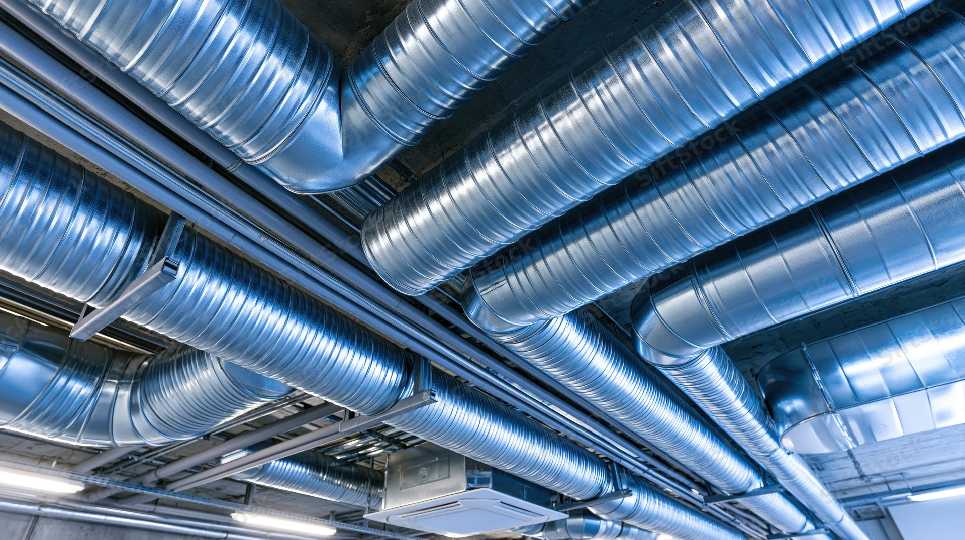 Exposed industrial hvac ductwork running along ceiling in commercial building interior