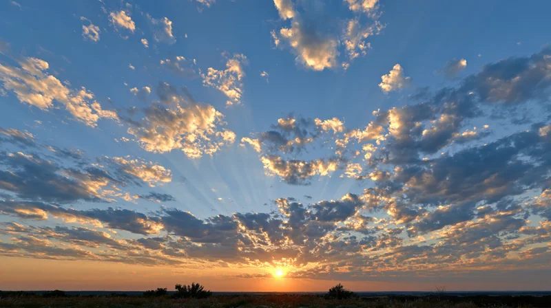 Sunset sky with scattered clouds and sunbeams over a low horizon in an open rural landscape