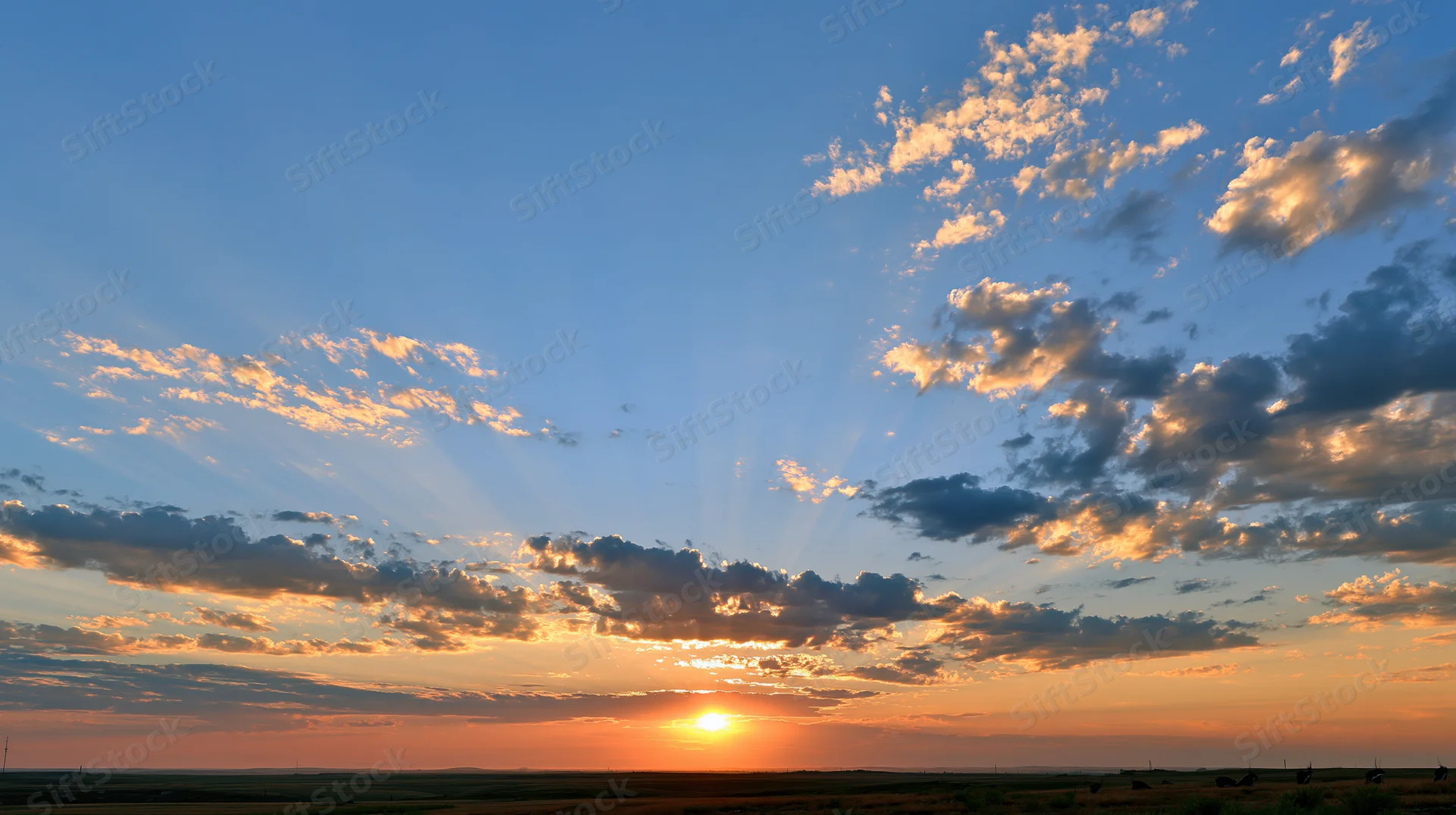Sunset over a flat rural landscape with scattered clouds and sunbeams at horizon