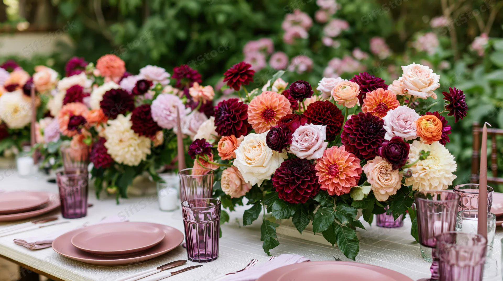 Lush floral centerpiece on a garden wedding table with pink plates and glassware