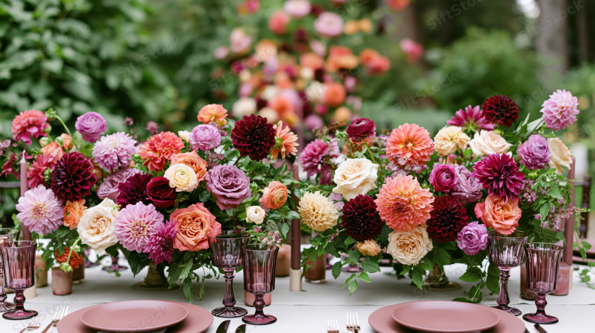 Lush floral centerpiece on a garden wedding table with pink glassware and dinnerware