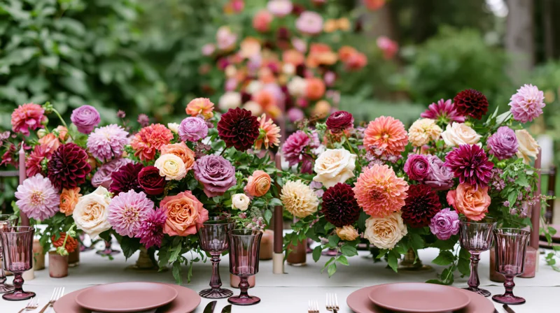 Lush floral centerpiece on a garden wedding table with pink glassware and dinnerware