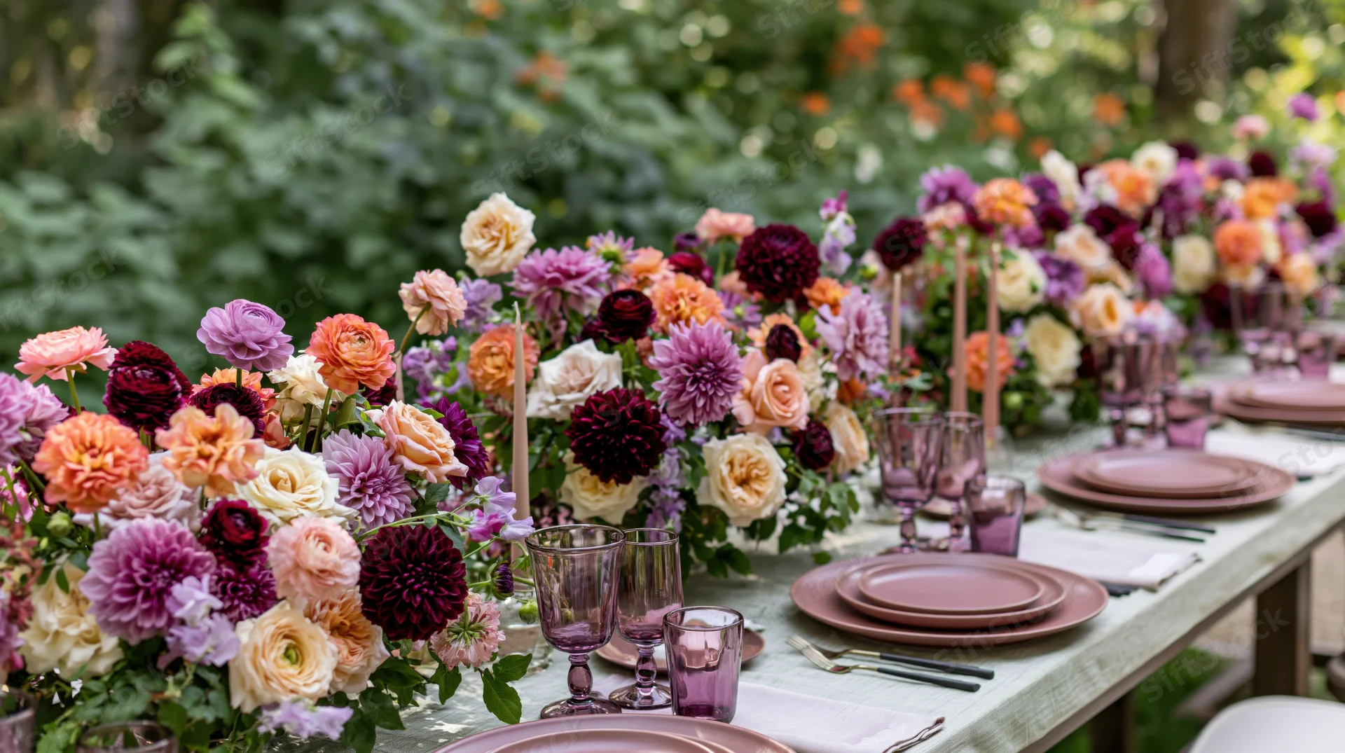 Lush floral centerpiece along a garden wedding table set with plates and glassware
