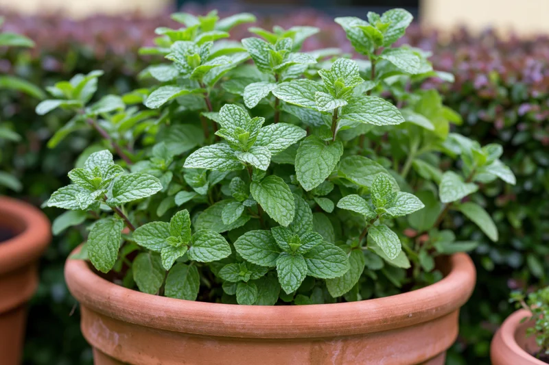 Lush mint plant growing densely in a terracotta pot outdoors