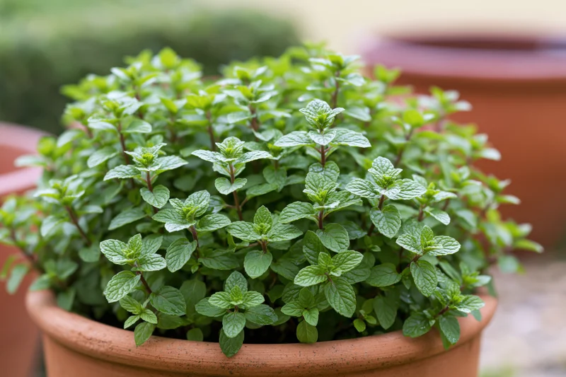 Lush mint plant growing densely in a terracotta pot outdoors