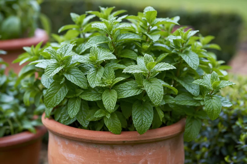 Lush mint plant growing densely in a terracotta pot in a garden setting