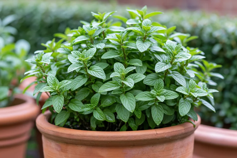 Lush mint plant growing densely in a terracotta pot in a garden setting
