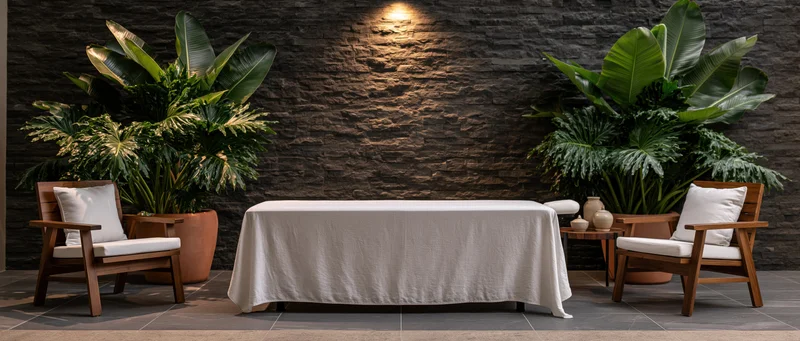 White-draped massage table between wooden chairs with tropical plants against stone wall in spa treatment room