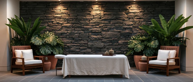 Massage table draped in white cloth between two wooden chairs with plants against a stone wall in a spa treatment room