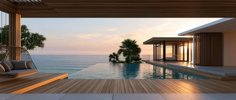 Modern villa terrace with infinity pool overlooking ocean at sunset