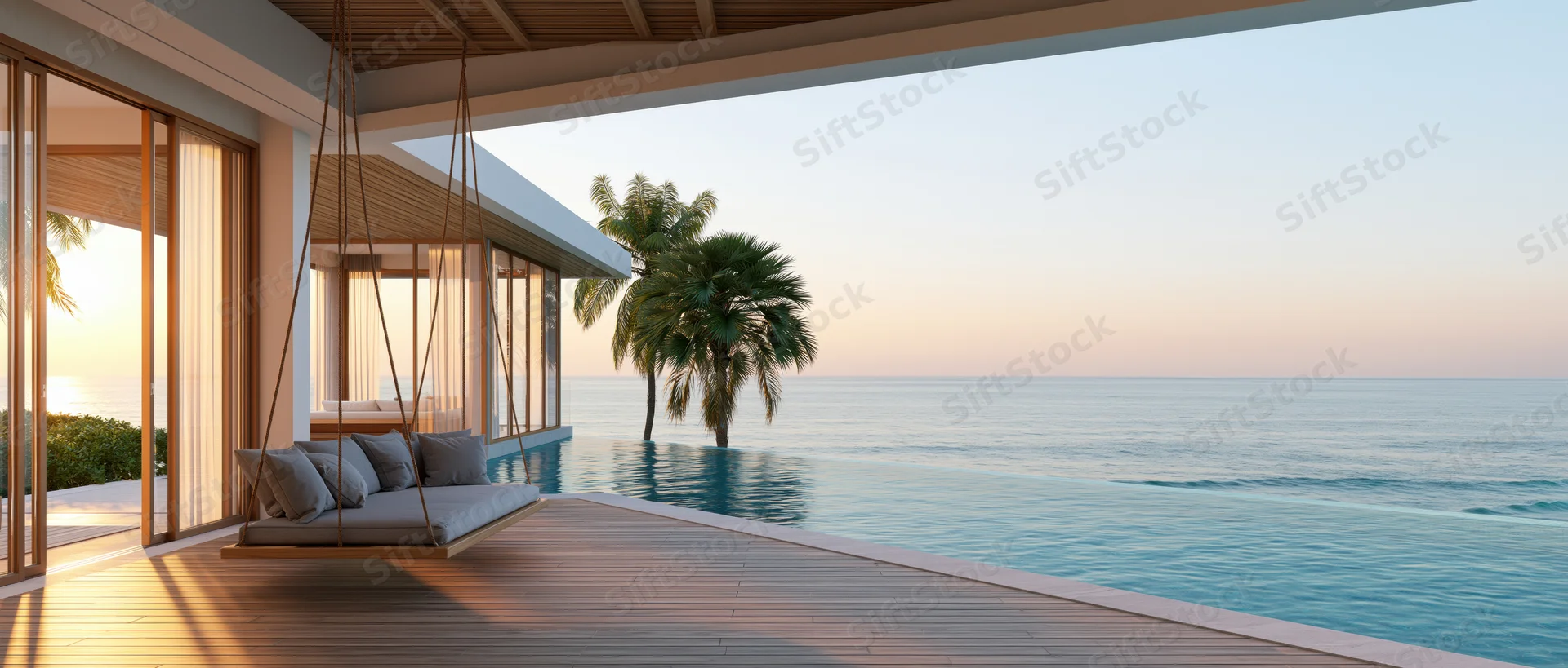 Luxury villa terrace with infinity pool overlooking ocean at sunset