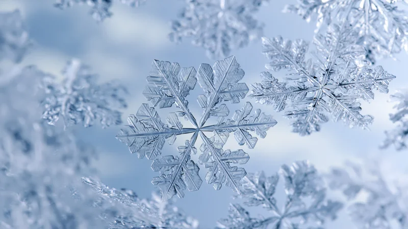 Close-up of multiple snowflakes floating in a blue winter sky