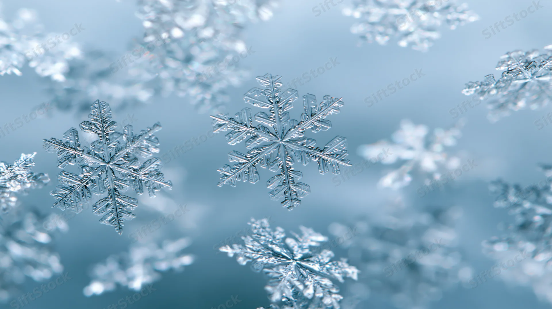 Macro closeup of multiple ice snowflakes falling and layered against a blue background