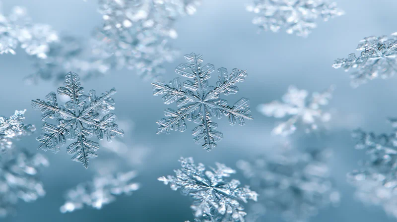Macro closeup of multiple ice snowflakes falling and layered against a blue background