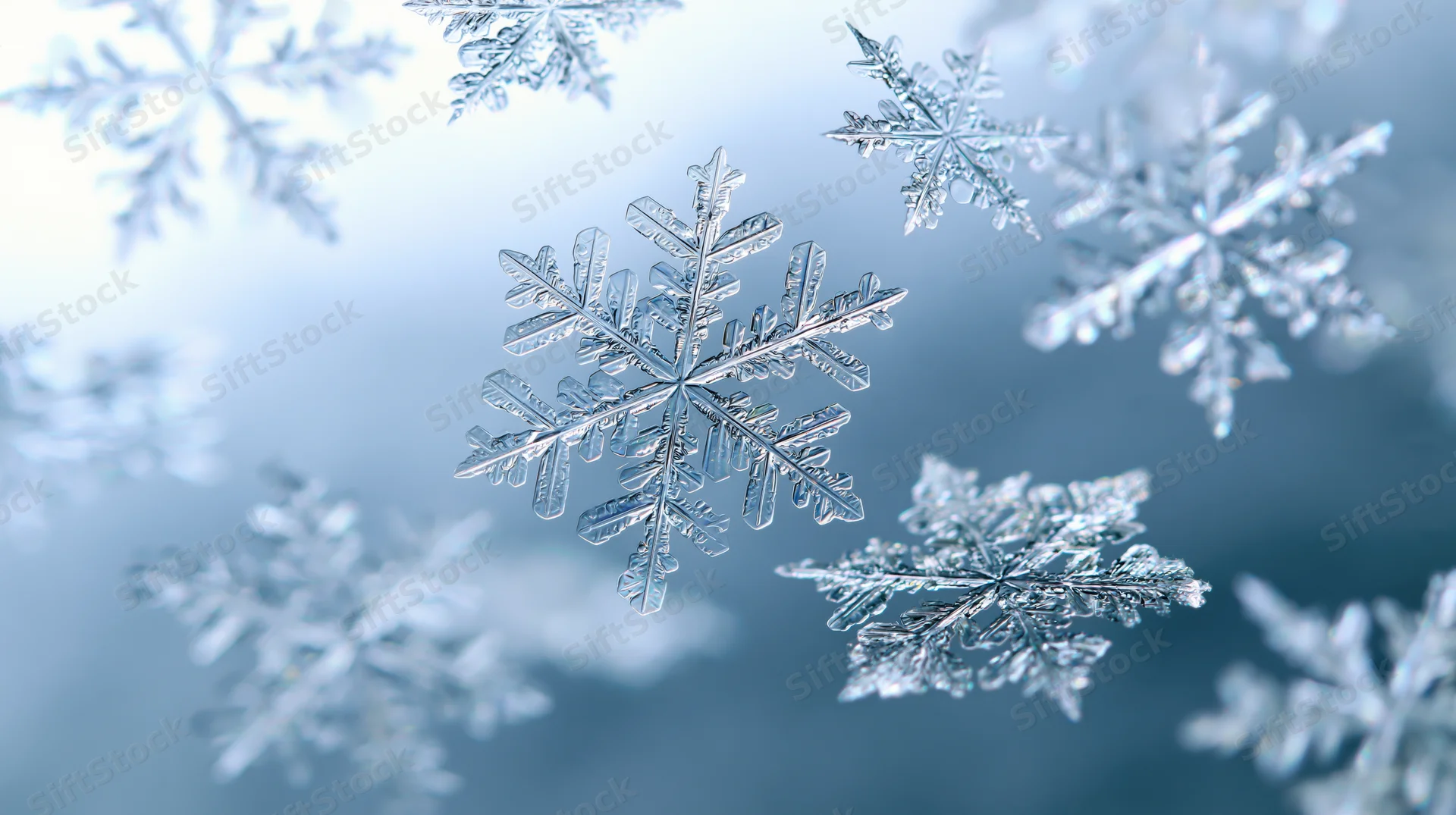 Close-up of multiple ice snowflakes falling and layered against a blue gradient background