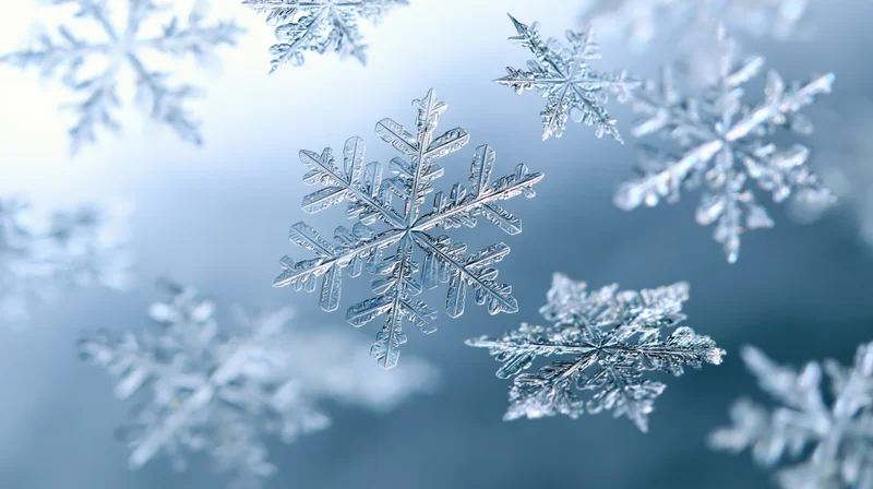 Close-up of multiple ice snowflakes falling and layered against a blue gradient background