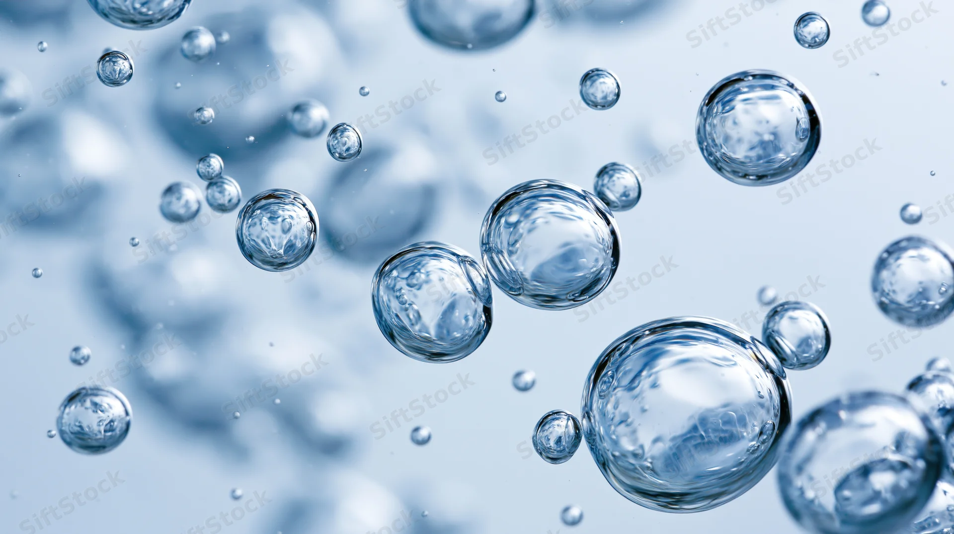 Translucent bubbles floating in clear water under macro closeup
