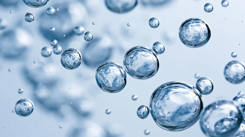 Translucent bubbles floating in clear water under macro closeup