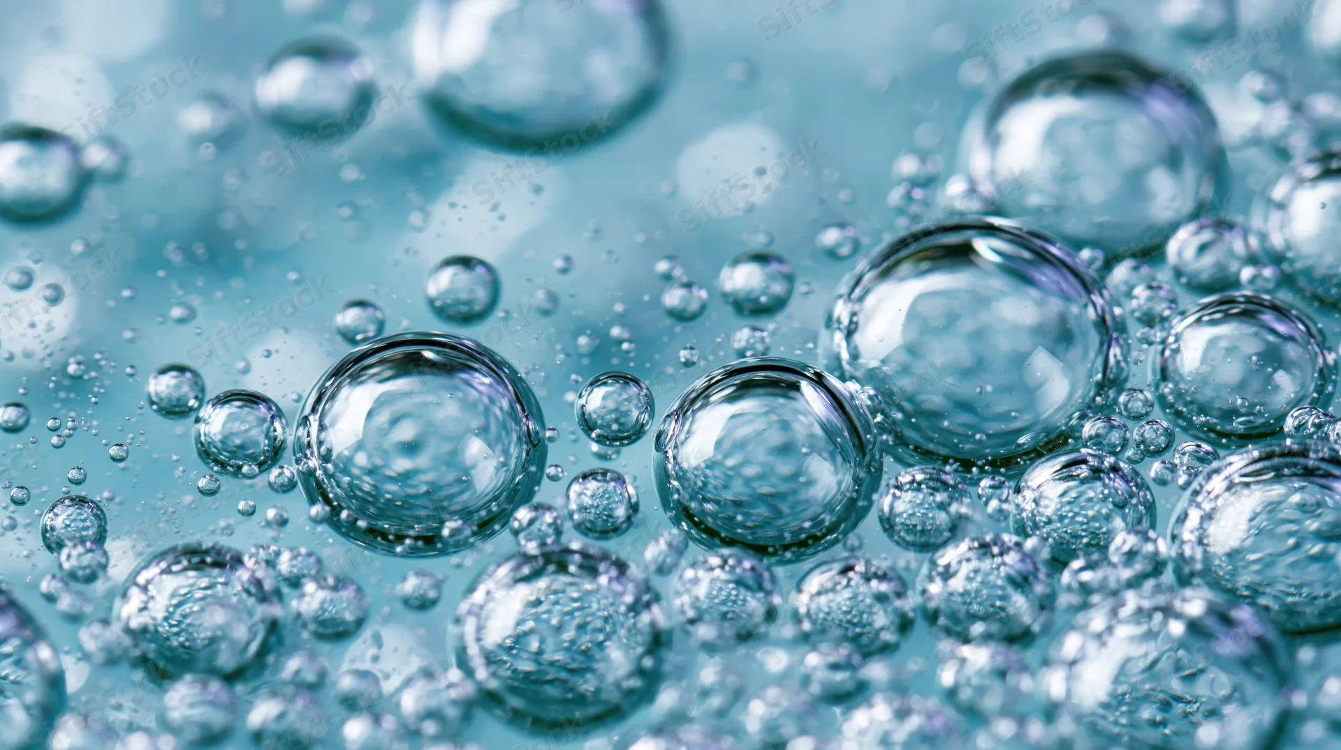 Close-up of translucent bubbles floating on a blue liquid surface
