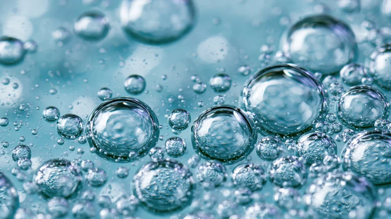 Close-up of translucent bubbles floating on a blue liquid surface