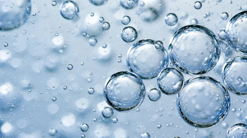 Close-up of translucent air bubbles suspended in clear liquid with light reflections and refractions