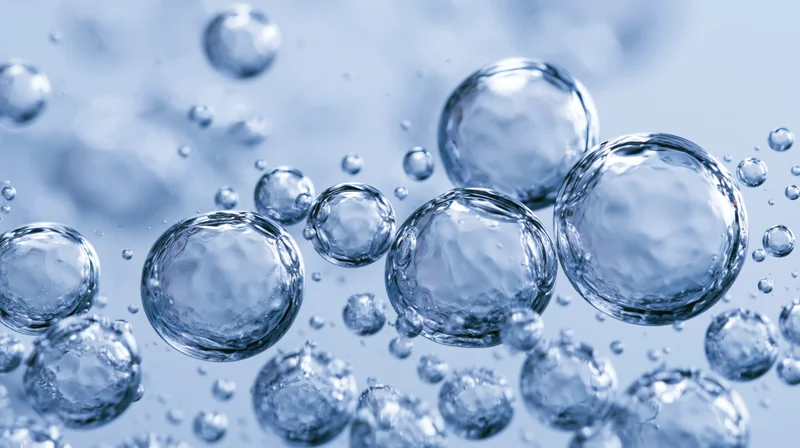 Translucent air bubbles suspended in clear water under macro view