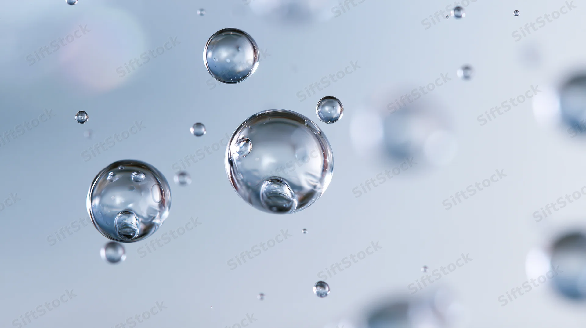 Transparent water bubbles and droplets floating in midair against a soft light background
