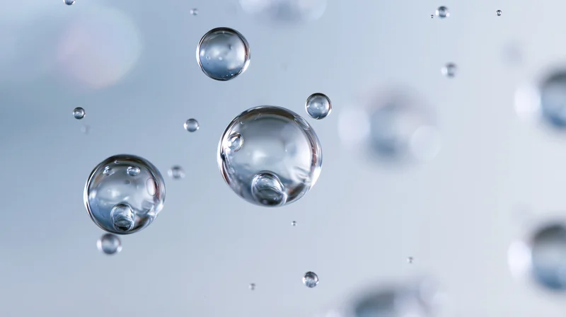 Transparent water bubbles and droplets floating in midair against a soft light background
